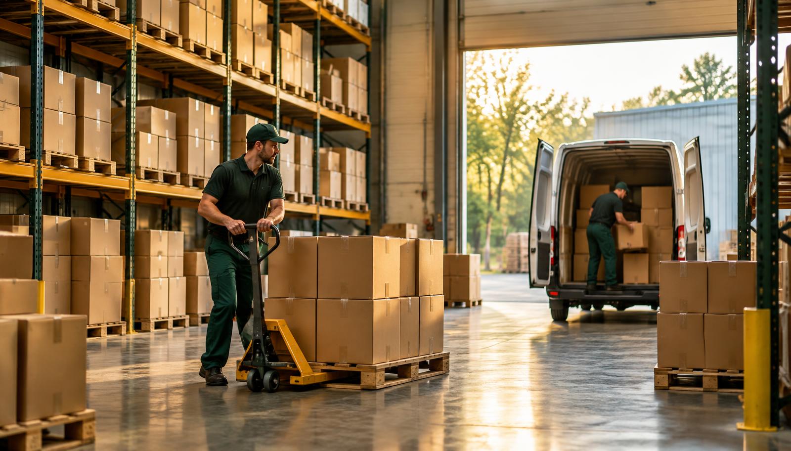 Warehouse team loading cartons into a delivery van